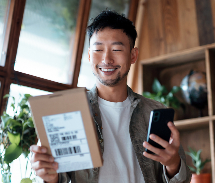 Individual holding package and smartphone